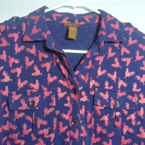 Copper Key Navy Blue Red Rooster Novelty Knit Button Blouse  3/4 Sleeve Size S - Picture 2 of 7